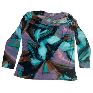 Worthington womens long sleeve blouse cowl neck abstract blue purple brown PS